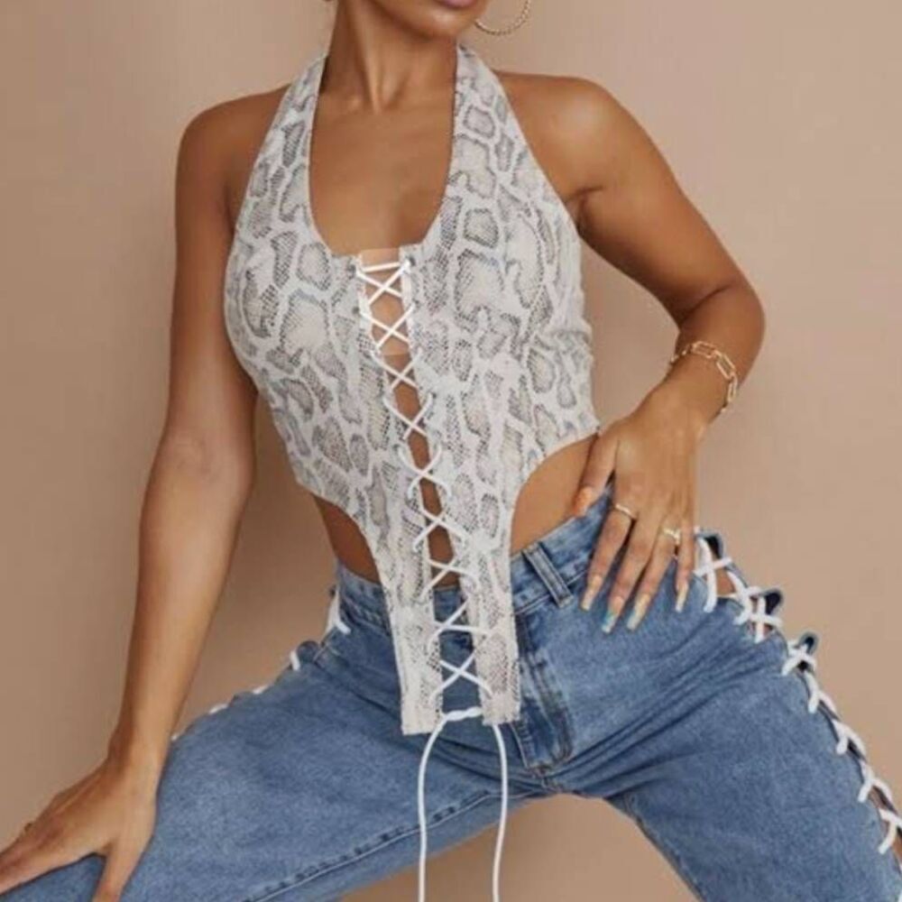 PrettyLittleThing Snake Corset Halter Top